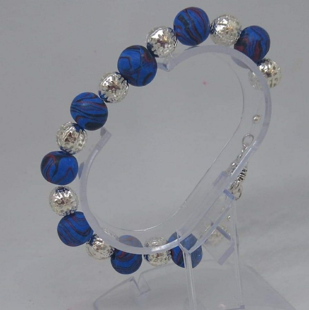 Unique Handmade Marbled Blue, Black & Silver Beaded Toggle Bracelet - Picture 3 of 4